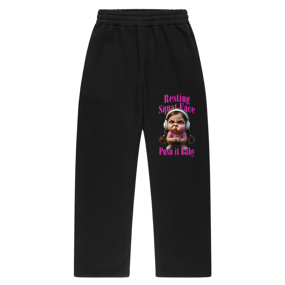 Oversized Sweatpants Unisex - Resting Squat Face - Push it Baby (Design vorne links)
