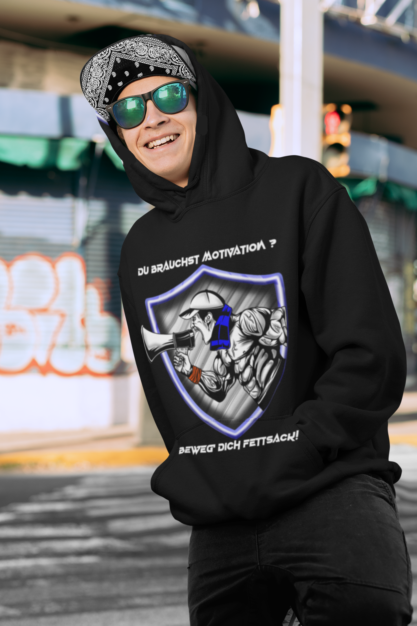 Oversized Hoodie Unisex mit Taschendruck - Du brauchst Motivation ? Beweg' Dich Fettsack !